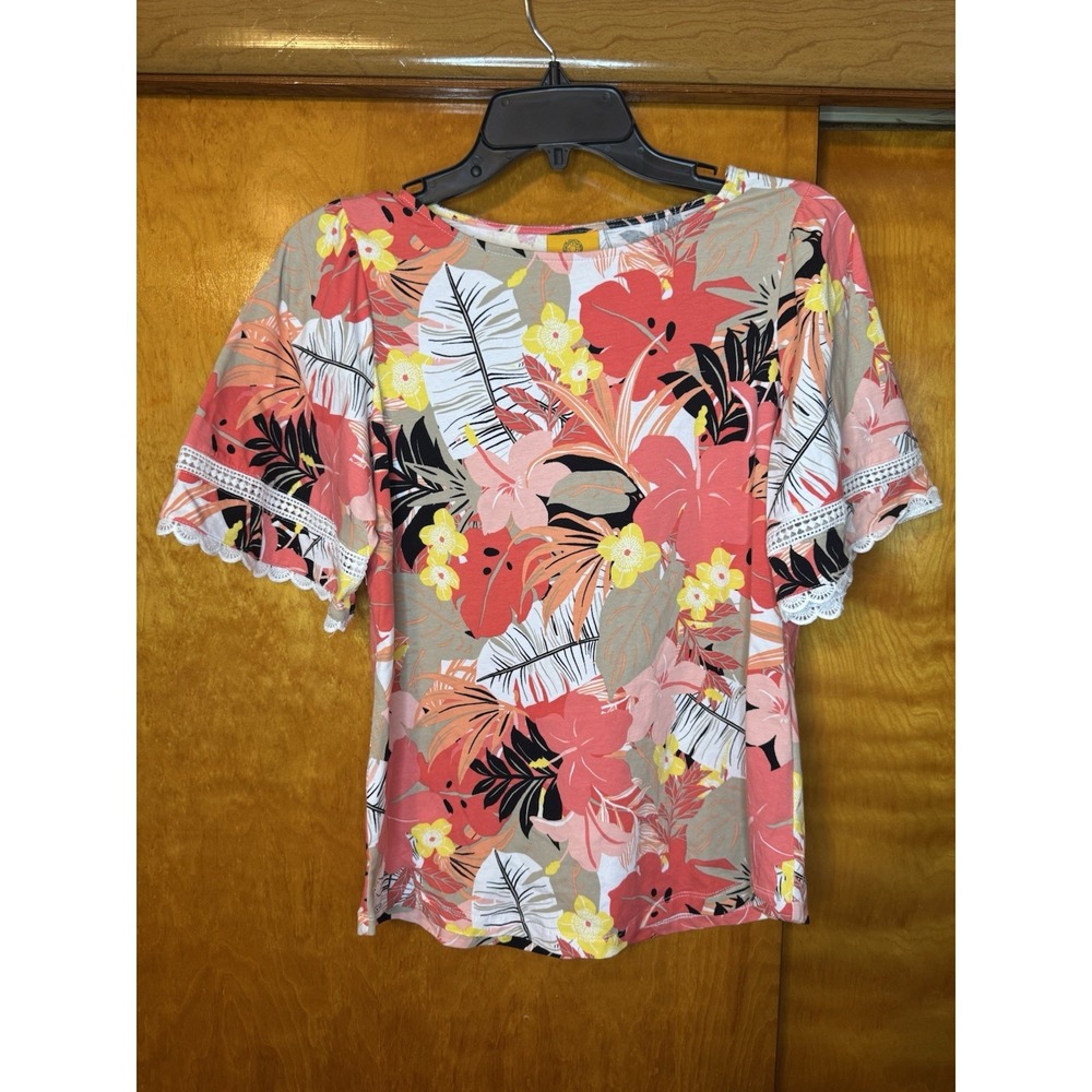 Ruby Rd. Knit Tropical Paradise Print Crew Neck Short Sleeve Top Size Petite S‎